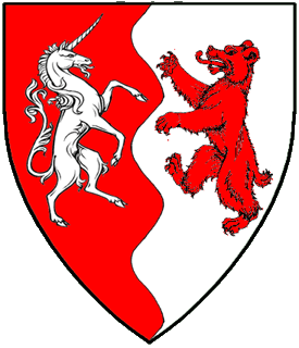 Per pale wavy gules and argent, a unicorn and a bear combattant counterchanged.