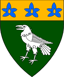 Vert, a raven argent, on a chief Or three flax blossoms azure seeded Or