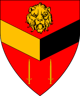 Gules, a chevron inverted per pale Or and sable between a lion