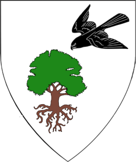 Argent, in bend sinister a hawk volant to dexter base sable and a tree eradicated proper