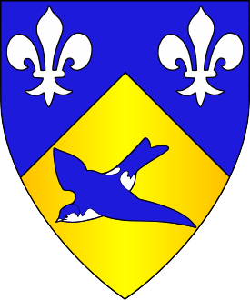 Per chevron azure and Or, two fleurs-de-lis argent and a swallow volant to dexter base azure marked argent.