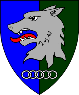 Per pale azure and vert, a grey wolf’s head erased proper and in base a chain of five links fesswise argent