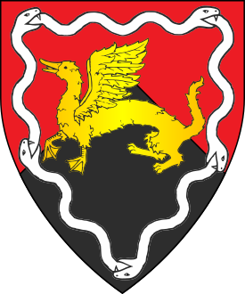 Per chevron gules and sable, a monster with the forequarters of a duck and the hindquarters of a ferret passant wings elevated and addorsed Or within an orle of five serpents glissant conjoined head to tail argent.