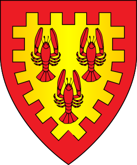 Or, three lobsters and a bordure embattled gules.