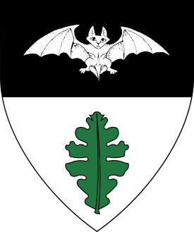 Per fess sable and argent, a bat argent and an oak leaf vert
