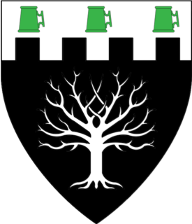 Sable, a tree blasted and eradicated and on a chief embattled argent three tankards vert.