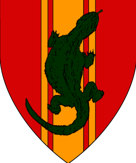 Gules, a pale cotised Or, overall a Komodo dragon embowed in pale vert. Device or arms for Fiona di Varanus