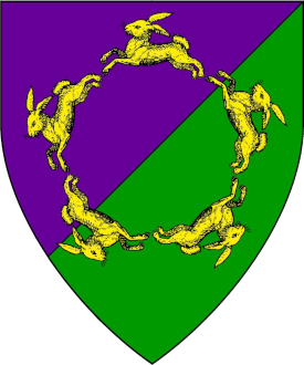 Per bend sinister purpure and vert, five rabbits courant in annulo feet to center Or
