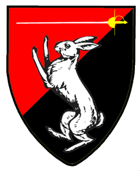 Per bend sinister gules and sable, a rabbit rampant argent, in chief a rapier fesswise proper.