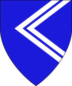 Azure, two chevronels couched from sinister argent.
