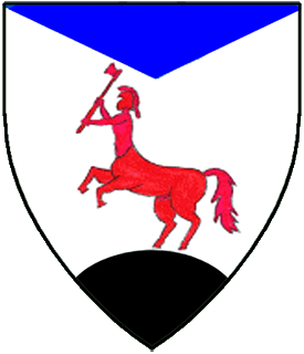 Argent, a centaur salient helmeted and maintaining an axe bendwise sinister gules, a mount sable, a chief triangular azure.