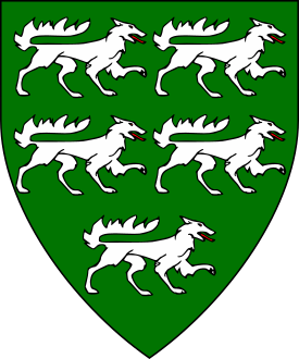 Vert, five wolves passant contourny two, two, and one argent.