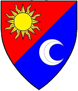 Per bend sinister gules and azure, a sun Or and a decrescent argent.