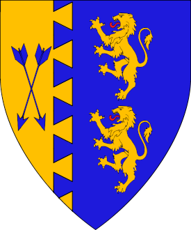 Azure, in pale two lions and on a tierce dovetailed Or two arrows in saltire azure