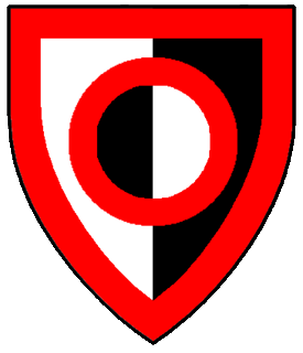 Per pale argent and sable, on a torteau a roundel counterchanged of the field, a bordure gules.