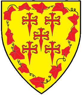 Or, five crosses of Santiago in saltire within an orle of ivy gules.