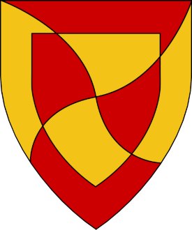 Per saltire arrondi Or and gules, a bordure counterchanged