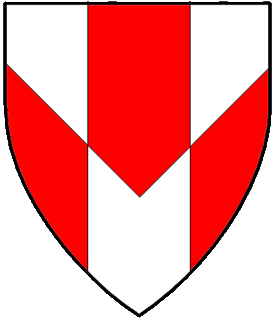 Per chevron inverted argent and gules, a pale counterchanged.