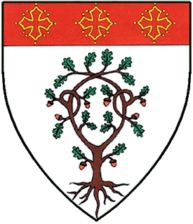 Argent, an oak tree eradicated proper and on a chief gules three crosses of Toulouse Or.