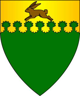 Vert, on a chief nebuly Or a hare courant proper.