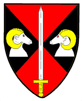 Per saltire gules and sable, a sword proper between two ram's heads couped respectant argent, horned Or.