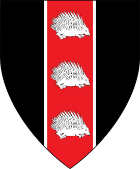 Sable, on a pale gules fimbriated three hedgehogs contourny argent