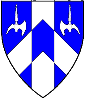 Azure, a pale argent, surmounted by a chevron counterchanged, between in chief two halberd heads couped, blades to center, argent.