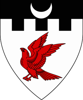 Argent, a hawk rising gules, on a chief embattled sable a crescent argent Device or arms for Haukr inn oði