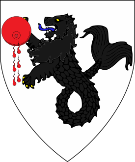 Argent, a sea-lion sable maintaining a human breast distilling six gouttes gules.
