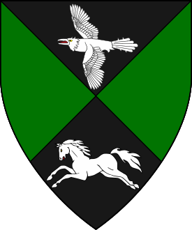 Per saltire sable and vert, in pale a raven volant and a horse courant argent.