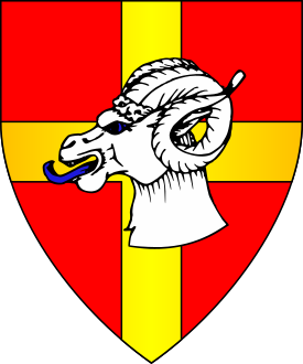 Gules, a cross Or and overall a ram's head couped argent.
