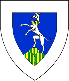 Azure, a greyhound rampant argent, gorged of an embattled coronet Or, atop a trimount paly Or and vert, all within a bordure argent.