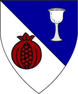 Per bend azure and argent, a chalice argent and a pomegranate gules Device or arms for Isidora Bat Beran