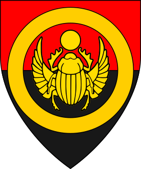 Per fess gules and sable, a winged scarab maintaining in chief a roundel, all within an annulet Or.