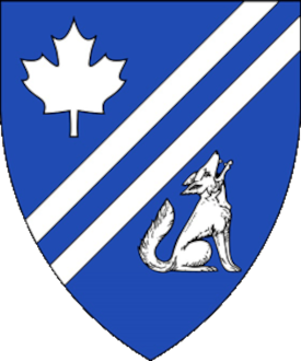 Azure, two scarpes between a maple leaf and a wolf sejant contourny ululant argent.