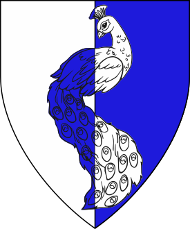 Per pale argent and azure, a peacock contourny regardant counterchanged