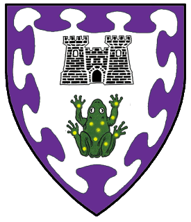 Argent, in pale a castle sable and a frog vert spotted Or, a bordure nebuly purpure.