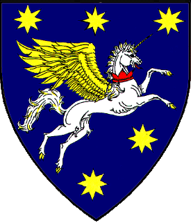 Azure, a beardless winged unicorn salient to sinister argent, wings elevated and addorsed Or, between in chief three mullets of eight points and in base two of the same in bend sinister Or.