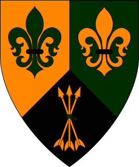 Per pall inverted Or, vert and sable, two fleurs-de-lis counterchanged and a sheaf of arrows inverted Or