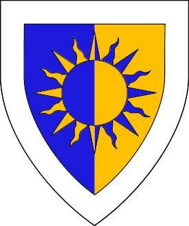 Per pale azure and Or, a sun eclipsed counterchanged within a bordure argent.