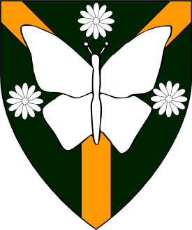 Vert, a pall Or between three daisies, the pall surmounted by a butterflyargent Device or arms for Jean-Christophe Fazoli