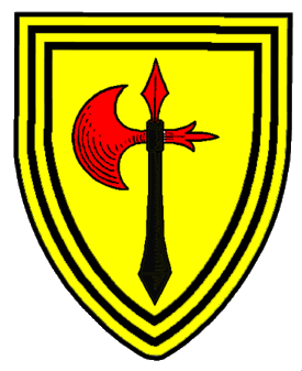 Or, a battle-axe gules, hafted sable, within a double tressure sable.