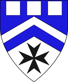 Per chevron azure and argent, a chevron counterchanged between three delfs argent and a Maltese cross sable.