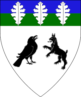 Argent, in fess a raven contourny and a lynx rampant sable, on a chief per fess azure and vert three oak leaves argent