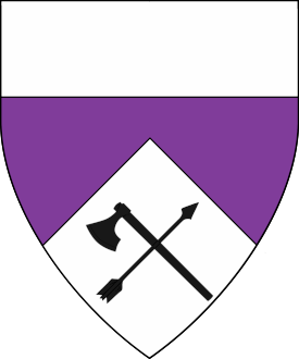 Per chevron purpure and argent, in base in saltire an axe and an arrow inverted sable, a chief argent.