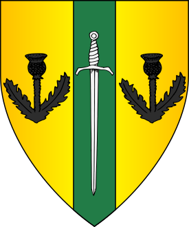 Or, on a pale vert between two thistles sable, a sword inverted argent.
