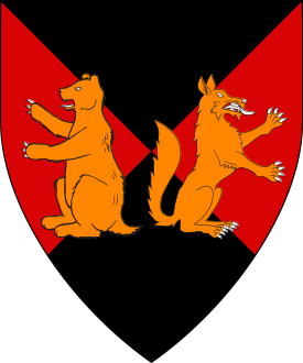 Per saltire sable and gules, in fess a bear sejant erect and a wolf sejant erect contourny Or