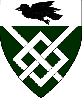 Vert, a fret and on a chief argent a raven volant wings addorsed sable