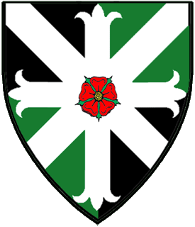 Quarterly sable and vert, on a saltire conjoined to a cross flory throughout argent a rose proper.