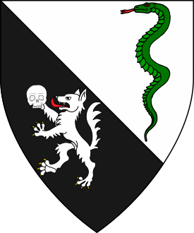 Per bend argent and sable, a snake glissant palewise vert and a wolf rampant maintaining a death's head argent.